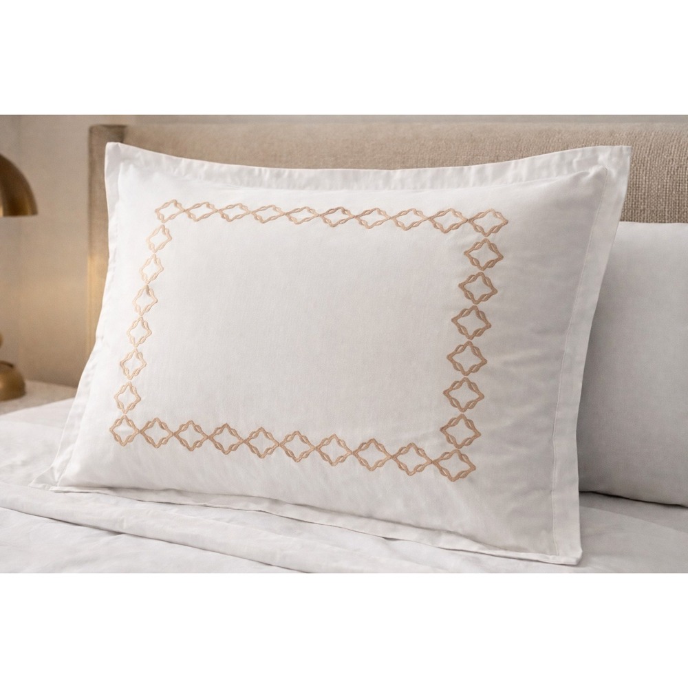 Frette Luxury White Gold Geometric Embroidered Pillowcase Pair Italian Linens‎